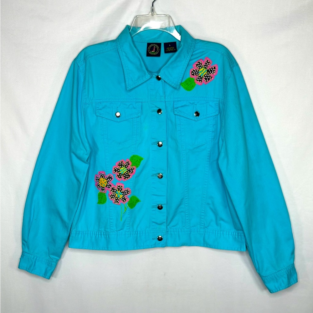 Lighthouse Jean Jacket Turquoise Embroidered Floral Boho‎ Cottage-core Sz L